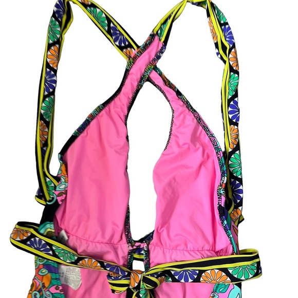 Trina Turk Sea Garden Multi One Piece Halter Cross-back Swimsuit Size 6 - Picture 12 of 15